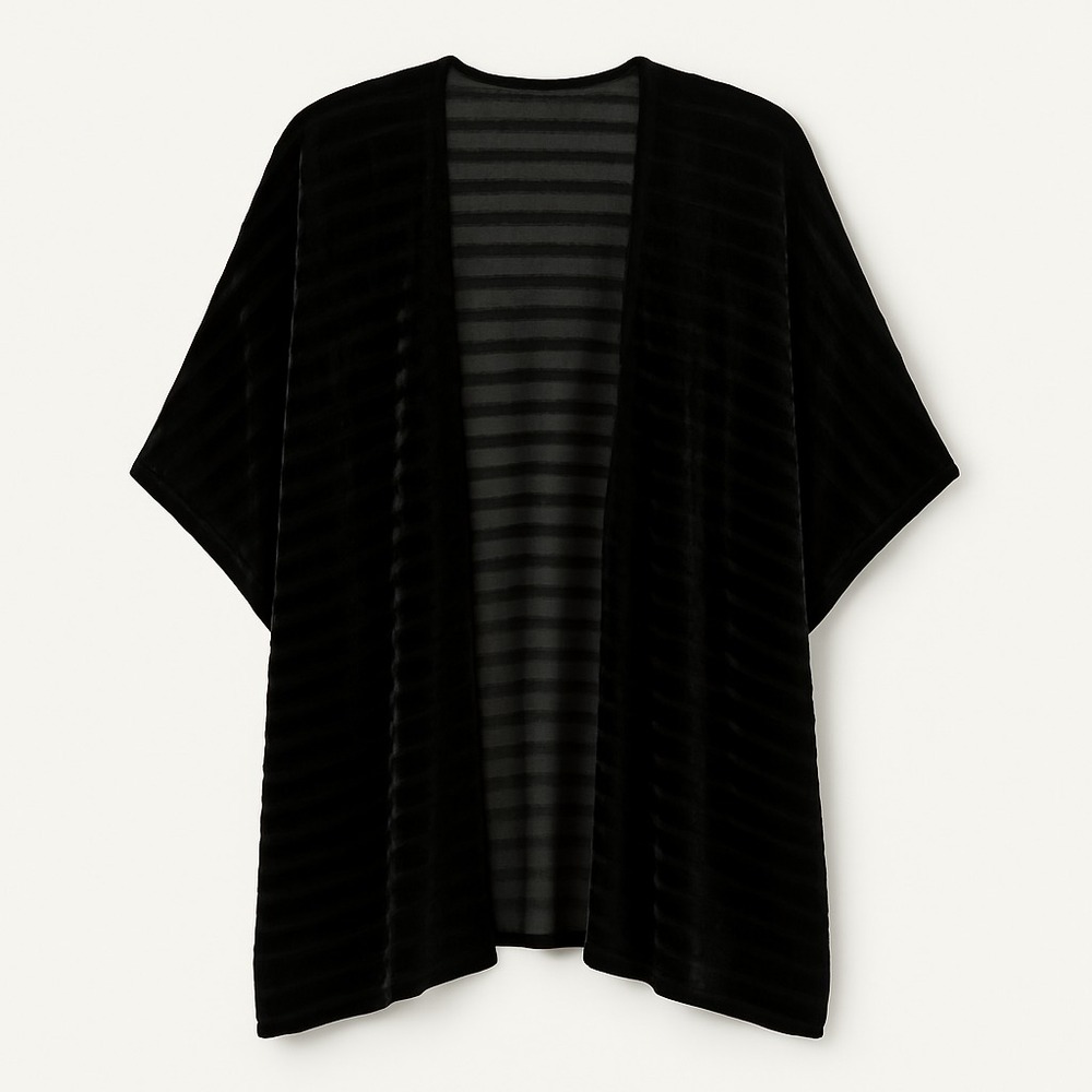 Women's  OS Kimono Cardigan \Black‎ Velvet Burnout Stripe Sheer Witchy